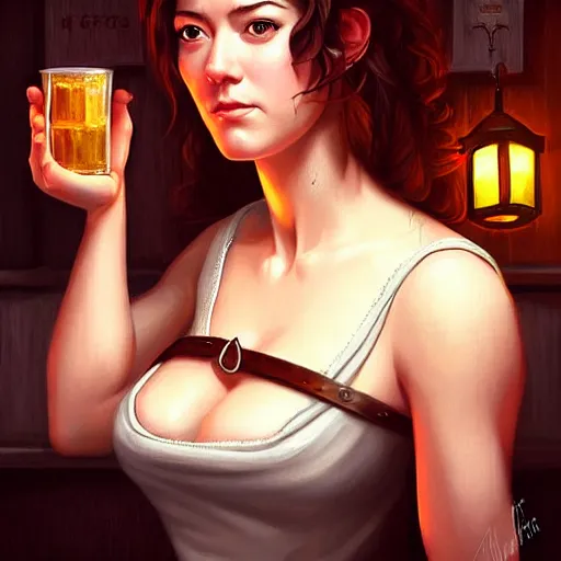 Image similar to a portrait digital painting of mary elizabeth winstead as a medieval bar maid in a tavern at night. painted by artgerm, ross tran.