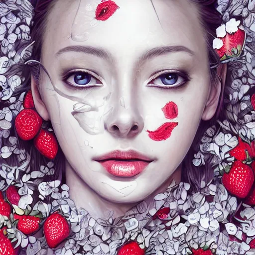 Image similar to the portrait of an absurdly beautiful, graceful, elegant, sophisticated, fashionable young woman made of strawberries and white petals looking down, an ultrafine hyperdetailed illustration by kim jung gi, irakli nadar, intricate linework, bright colors, octopath traveler, final fantasy, unreal engine 5 highly rendered, global illumination, radiant light, detailed and intricate environment