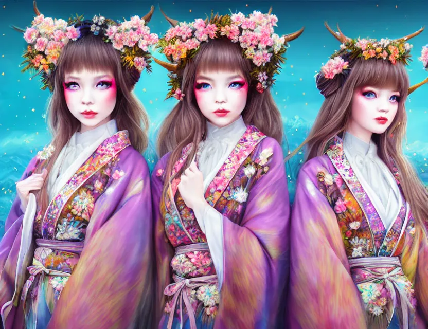 Image similar to two beautiful fashion siberian girls wear fantasy kimono in festival | | big eyes, sunny, dreamlike art, realistic shaded, smile, good looking, hyper details, 4 k realistic, cryengine, realistic shaded lighting poster by artgerm, ross tran, fuji choko, loish, 8 k resolution, trending on artstation, luxury