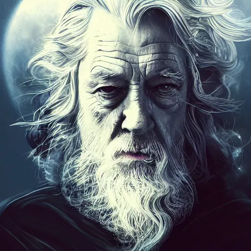 Prompt: Double Exposure Portrait of a Gandalf in space, dark fantasy, intricate, elegant, highly detailed, digital painting, artstation, concept art, smooth, sharp focus, illustration, art by Sam Youn, Fernanda Suarez, Artem Demura