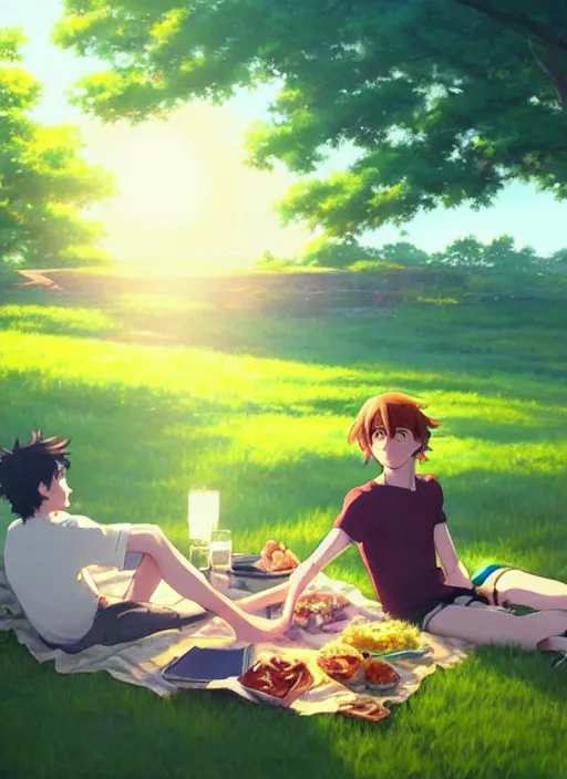 Image similar to beautiful anime painting of a emma stone having a picnic with tom holland, by makoto shinkai, kimi no na wa, artstation, atmospheric, high detail