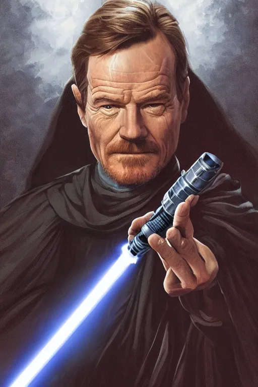 Prompt: Bryan Cranston as a Jedi Master holding a lightsaber, looking at the viewer, detailed face, high contrast, highly detailed, digital painting, sharp focus, trending on artstation, concept art, illustration, Star Wars art, art by greg hildebrandt and clayton crain