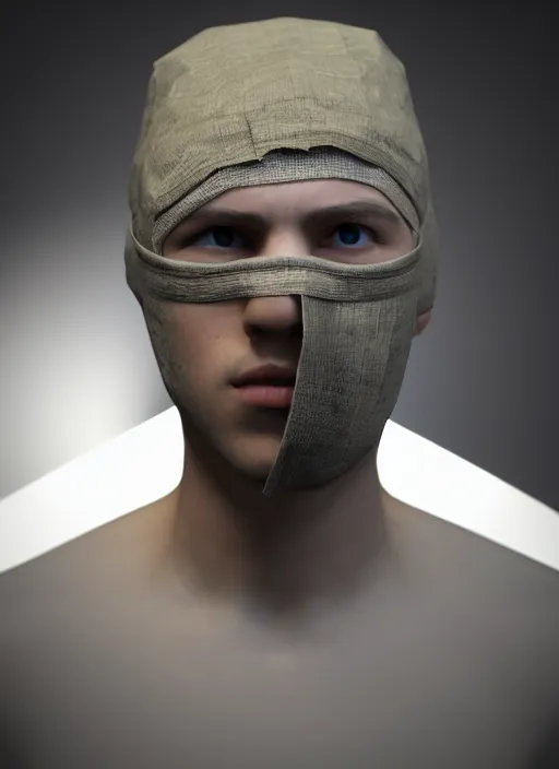 Image similar to 3 d model of a european young man covering face with fabric mask, ultrarealistic, octane rendered, unreal engine 5, ray tracing, subsurface scattering, studio lighting, trending on artstation, extremely detailed