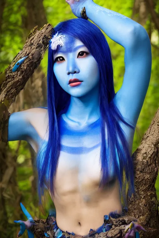 Image similar to a korean woman dressed as a blue-skinned female navi from avatar standing in a forest, blue body paint, high resolution film still, 8k, HDR colors, cosplay, outdoor lighting, high resolution photograph, photo by bruce weber, beautiful symmetric face