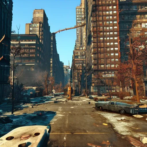 Image similar to new york city in fallout 4, unreal engine, raytracing