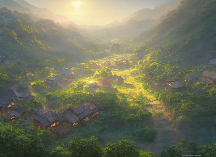 Image similar to concept art painting of a distant small woodland village in a valley seen from above, early morning, european japanese buildings, beside a river, cel shaded, detailed, realistic, by makoto shinkai and moebius and greg rutkowski and james gurney