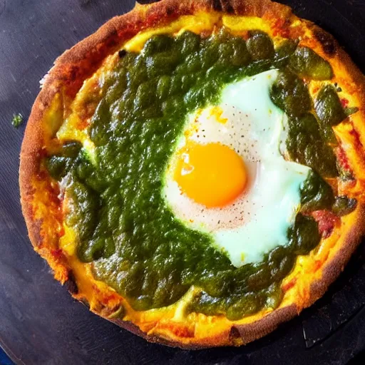 Image similar to a delicious fried egg deep dish pizza with green ketchup sauce.