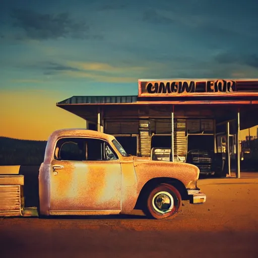 Image similar to sunset light landscape with bryce canyon, lots of sparkling details and sun ray ’ s, blinding backlight, smoke, volumetric lighting, colorful, octane, 3 5 mm, abandoned gas station, old rusty pickup - truck, beautiful epic colored reflections, very colorful heavenly, softlight