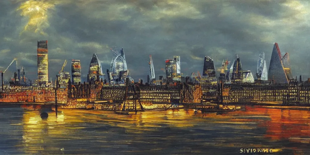 Image similar to oil painting of the london skyline, highly detailed, dramatic lighting, intense shadows, rich deep colours, by salvador dali