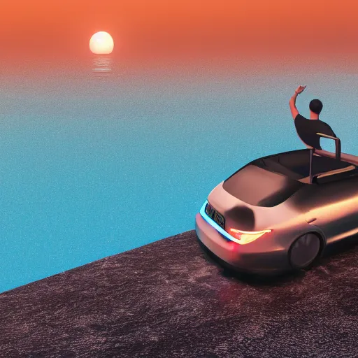 Prompt: man on the car in the middle of sea, moon glowing, 4 k render,