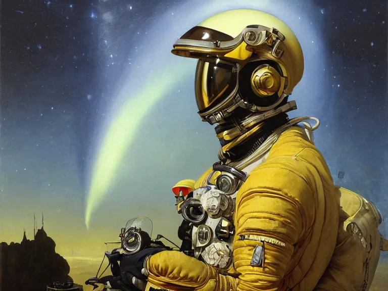 Image similar to a detailed profile oil painting of pilot in a spacesuit with reflective visor, flight suit, portrait symmetrical and science fiction theme with aurora lighting by beksinski carl spitzweg and tuomas korpi. baroque elements, full-length view. baroque element. intricate artwork by caravaggio. Trending on artstation. 8k