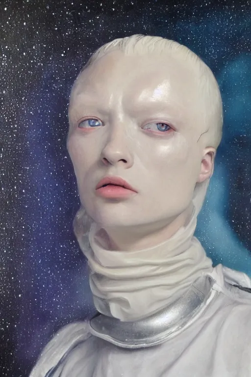 Image similar to hyperrealism oil painting, close - up portrait of albino medieval fashion model, knight, steel gradient mixed with nebula sky, in style of baroque