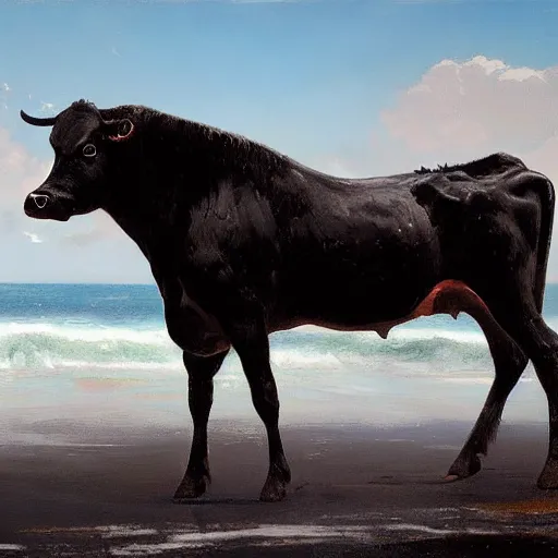 Image similar to Cow-horse on a white/black sand beach, Greg Rutkowski