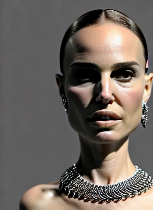 Prompt: a distorted and warped wax model of an absurdly beautiful woman, natalie portman, in the style of irakli nadar and alexandre ferra, white porcelain skin, faberge, intricate chrome chains, light atmosphere, unreal engine 5 highly rendered, global illumination, radiant light, detailed and intricate environment