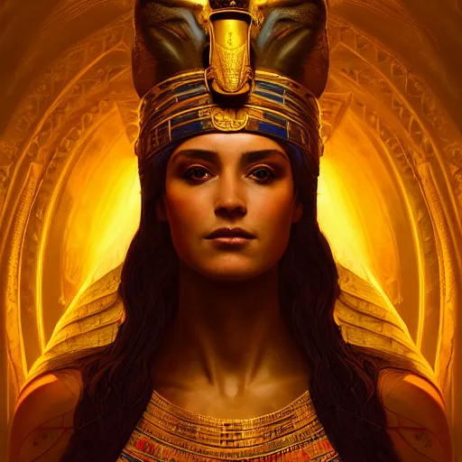 Image similar to majestic gracious regal seductive isis priestess portrait, ancient egyptian, atmospheric lighting, curvy, painted, intricate, volumetric lighting, beautiful, rich deep colours masterpiece, golden hour, sharp focus, ultra detailed, by leesha hannigan, ross tran, thierry doizon, kai carpenter, ignacio fernandez rios