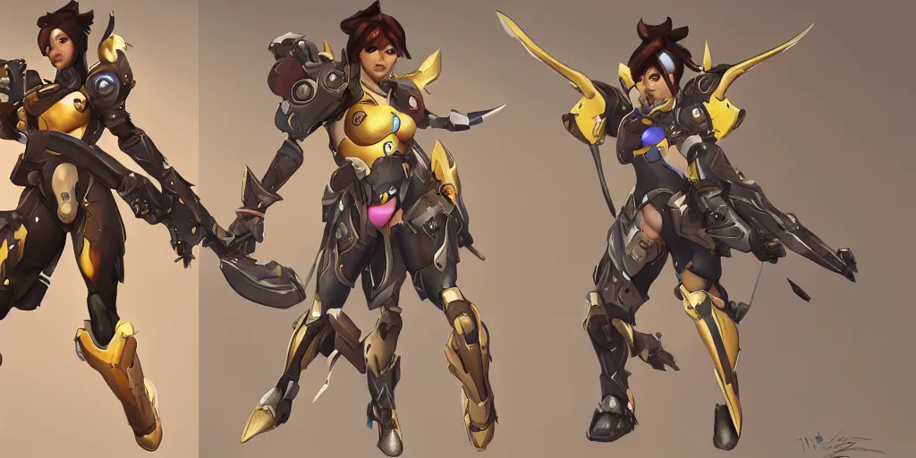 Image similar to a hyper realistic image of a female warrior wearing overwatch armor, tracer, mercy from overwatch, concept art, concept armor, artstation