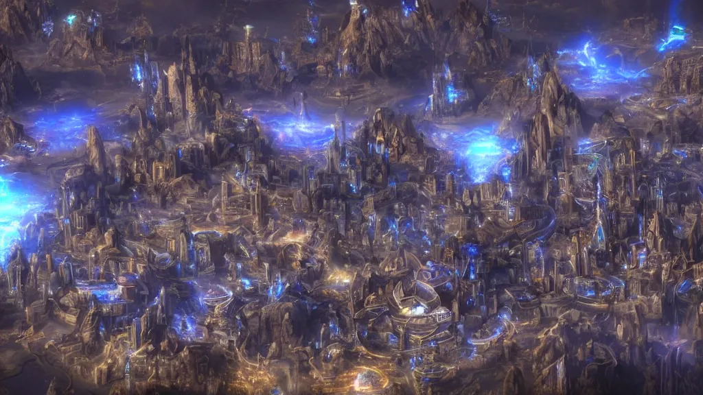Image similar to a city that looks like protoss from starcraft 2