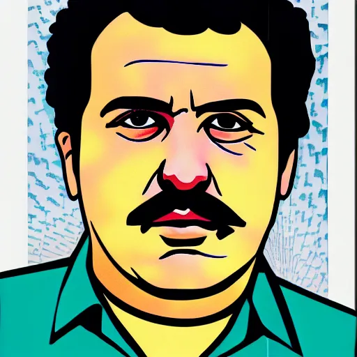 Image similar to pop art of Pablo Escobar selling cocaine and making money