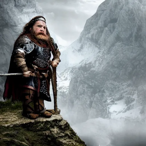 Prompt: A Dwarf clad in armor near the edge of a cliff that overlooks a small village, breathtaking shot, high details, medieval fantasy illustration, dark atmosphere