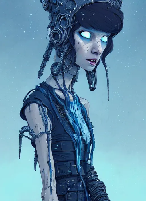Image similar to highly detailed portrait of wasteland punk long curly white icey shard hair tribal lady, stray wiring by atey ghailan, james gilleard, by joe fenton, by greg rutkowski, by greg tocchini, by kaethe butcher, 4 k resolution, gradient blue, cyan, black and white color scheme!!! ( ( snowy glaciated robotic dystopian city background ) )