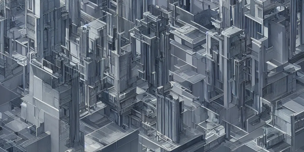 Image similar to high tech building cluster concept drawings with exposed sections designed by paul rudolph and frank lloyd wright and bauhaus, trending on artstation, rectilinear, isometric, isometric view, digital art, game art, 8 k, photorealistic, dramatic lighting, matte painting by moebius and alphonse mucha and nicolas party