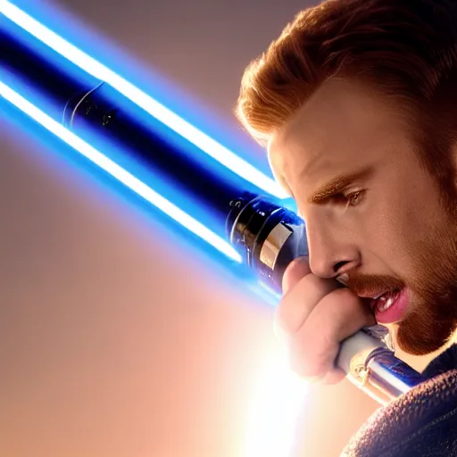 Prompt: Chris Evans holding a blue lightsaber dramatically, 4k, very detailed, backlit