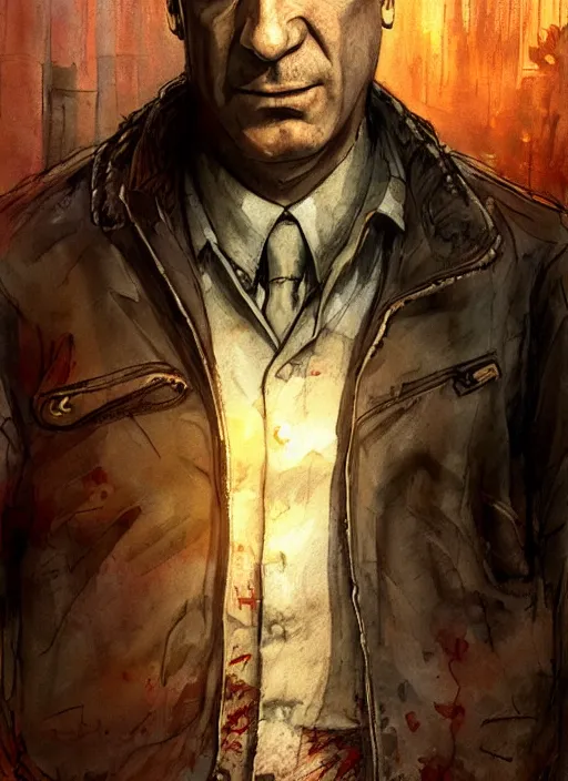 Image similar to portrait, Saul Goodman in the Last of Us universe, watercolor, dramatic lighting, cinematic, establishing shot, extremely high detail, foto realistic, cinematic lighting, pen and ink, intricate line drawings, by Yoshitaka Amano, Ruan Jia, Kentaro Miura, Artgerm, post processed, concept art, artstation, matte painting, style by eddie mendoza, raphael lacoste, alex ross