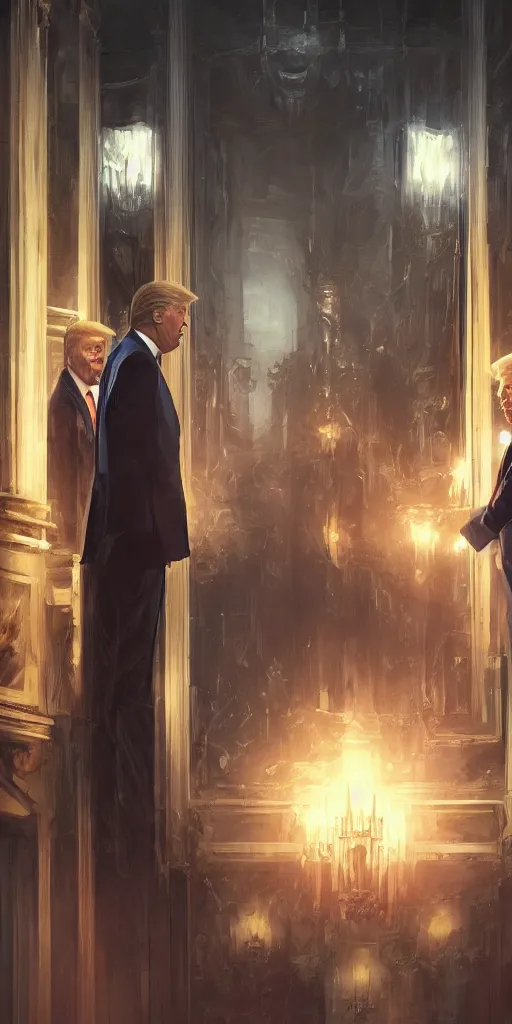 Image similar to symmetry!! donald trump and joe biden looking at each other in a hall, evil, very detailed, perfect lighting, perfect composition, 4 k, artgerm, derek zabrocki, greg rutkowski