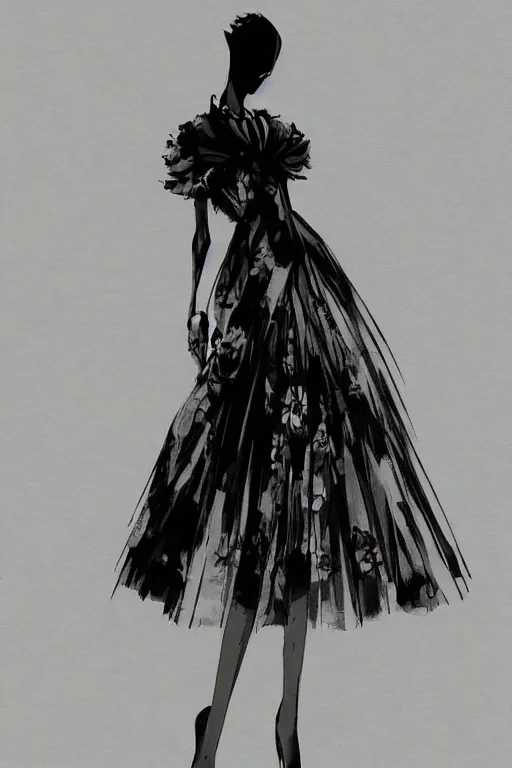 Image similar to dior haute couture dress, concept art, dark colors, high end fashion, style by yoji shinkawa, full body shot