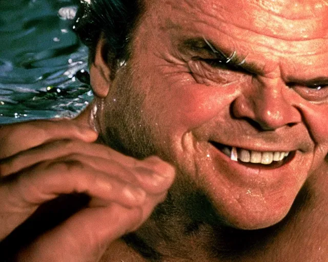 Prompt: Jack Nicholson as a merman swimming underwater, cinematic lighting, cinematography photograph