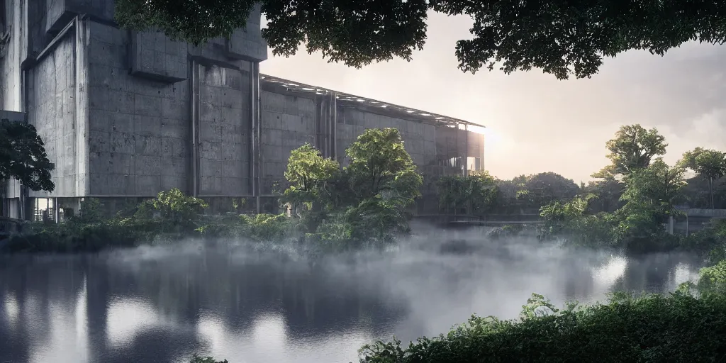 Prompt: brutalist architecture, a stunningly detailed building, surrounded by lush green forest, ponds of water, stunning volumetric lighting, sunset, metal, concrete, stunning skies, trending on Artstation, 8k, photorealistic, hyper detailed, unreal engine 5, IMAX quality, cinematic, epic lighting, in the style of Greg Rutkowski