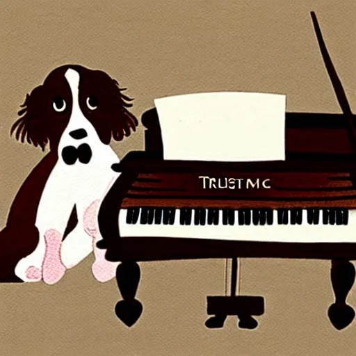 Image similar to a cute brown and white spaniel playing a grand piano, illustration, hand draw