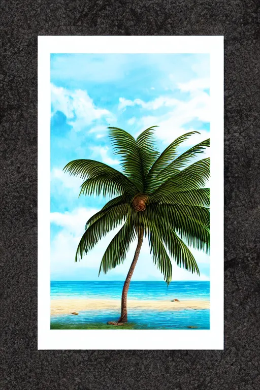 Image similar to a beautiful children ’ s illustration on paper of a beach with coconut palms 8 k, frostbite 3 engine, cryengine, dof, trending on artstation, digital art, crepuscular ray