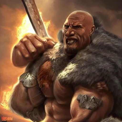 Prompt: a barbarian that is dwayne johnson, dungeons and dragons, epic illustration, fantasy illustration, epic, 8 k, artstation, giant axe