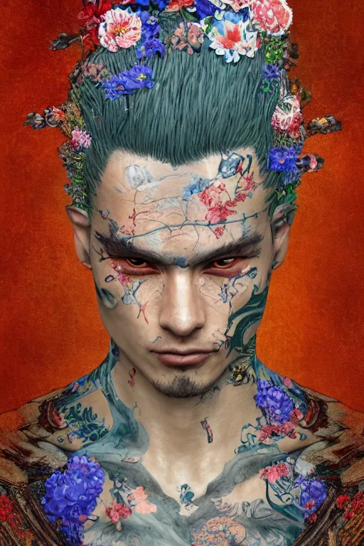 Prompt: portrait of beautiful young man, warhammer, japanic style, cyberpunk, a lot of scars, more and more flowers, blue head, sun side, some red water, the middle ages, highly detailed, artstation, illustration, art by gustav klimt, 8 k quality