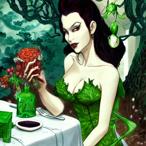 Prompt: a beautiful picture of doctor poison ivy professor of botany and doctor liliana vess professor of demonology having lunch, academic clothing, dark eyeliner, intricate, elegant, highly detailed, digital painting, artstation, concept art, matte, sharp focus, illustration, art by bob ross and hokusai