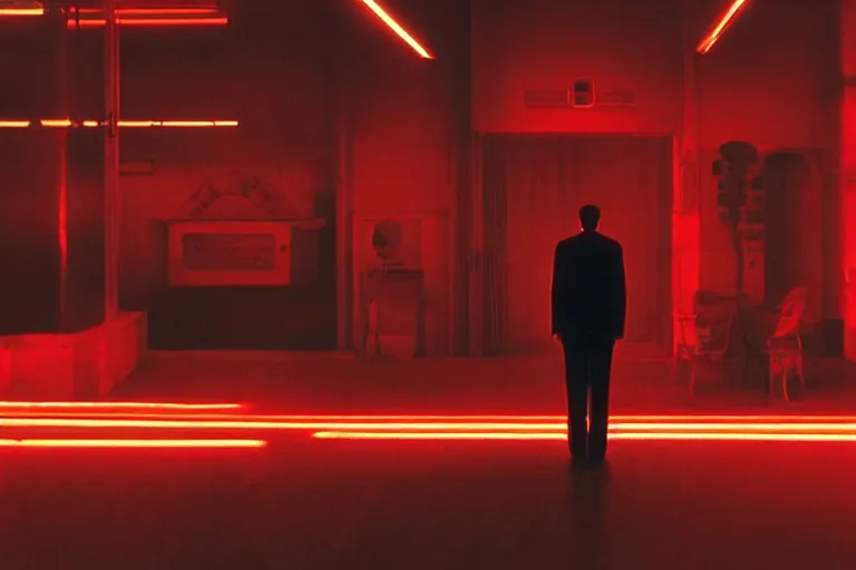 Image similar to back view of a man facing an audience at the atmospheric and obscure, red neon light, by roger deakins, cinematography, syd mead