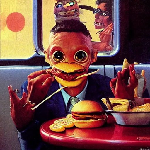 Prompt: beautiful cute alien, eating a cheeseburger, at a 5 0 s diner, painted by norman rockwell, greg rutkowski, john howe, wlop, artgerm