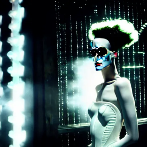 Image similar to cinematic portrait of kristen mcmenamy as bride of frankenstein as a replicant in a busy nightclub, frightened and angry, still from the movie ex machina, fashion photography, a sign is in the background, 8 k, high detail, face in focus