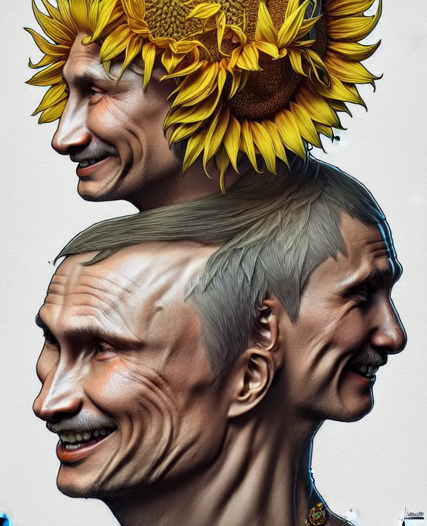 Image similar to digital art, centered full body of Putin smiling king, Sunflower crown, ,intricate, veins, by James Jean and by artgerm , by ross tran ultradetailed, charachter design, concept art, trending on artstation,