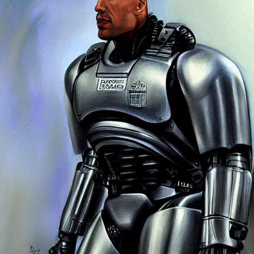 Image similar to dwayne johnson is robocop, digital painting, by bowater charlie, by delville jean