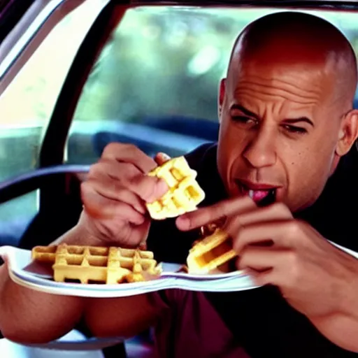 Prompt: movie still of vin diesel eating waffles in a car
