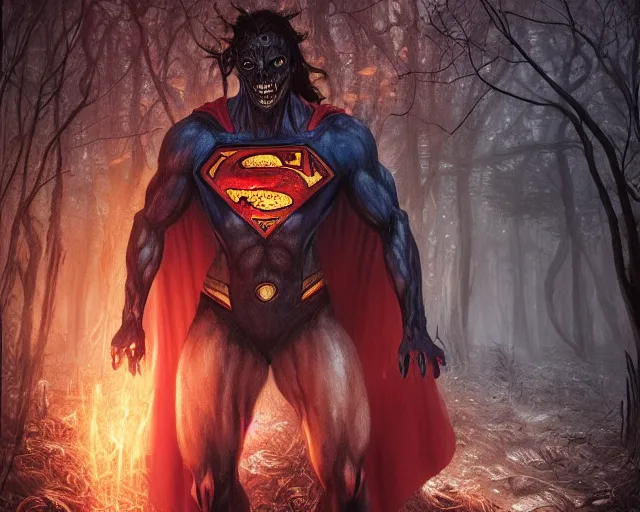 Image similar to 5 5 mm portrait photo of a demonic undead superman in a magical forest. magical atmosphere. art by greg rutkowski and luis royo. highly detailed 8 k. intricate. lifelike. soft light. nikon d 8 5 0.