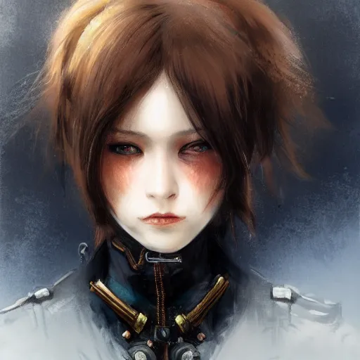 Image similar to portrait of a girl by ayami kojima, mixture between japanese and russian, she is about 2 0 years old, messy black bob hair, very tall and slender, she is wearing a steampunk tactical gear, highly detailed portrait, digital painting, artstation, concept art, smooth, sharp foccus ilustration, artstation hq