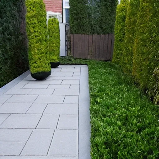 Prompt: Hedge pathway with metal grate flooring with rugs