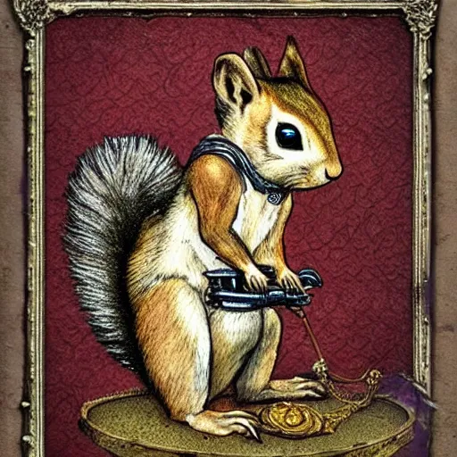 Prompt: a steampunk, victorian squirrel