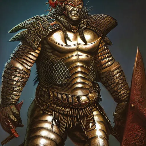 Image similar to serpent - man warlord wearing bronze age plate armor, horrific background symmetrical, zoom out, high quality, high definition, 8 k, photograph photorealistic by frank frazetta