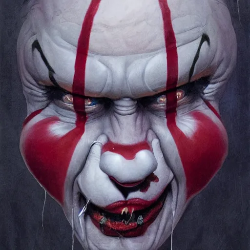 Prompt: vladimir putin, horror clown costume, red nose jester, macabre, stuning 3 d render, masterpiece, dark, by donato giancola and greg rutkowski and wayne barlow and zdzisław beksinski, realistic face