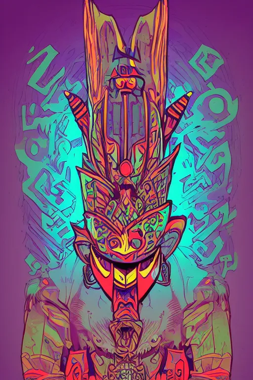 Image similar to totem animal mask tribal feather gemstone plant wood rock shaman vodoo video game vector cutout illustration vivid color borderlands comics by josan gonzales and dan mumford radiating a glowing aura
