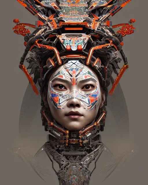 Image similar to symmetry!! portrait of a machine from horizon zero dawn, machine face, decorated with chinese opera motifs, intricate, elegant, highly detailed, digital painting, artstation, concept art, smooth, sharp focus, illustration, art by artgerm and greg rutkowski and alphonse mucha, 8 k